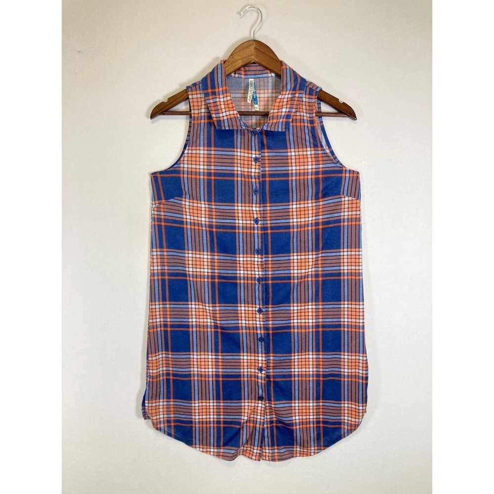 Western Wallflower Women Large Blue Orange Plaid Slvless Button Down Tunic Top